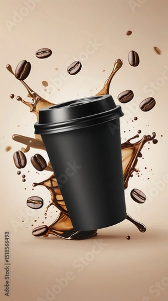 Fototapeta Digital advertisement featuring a black disposable coffee cup with. coffee beans on beige background