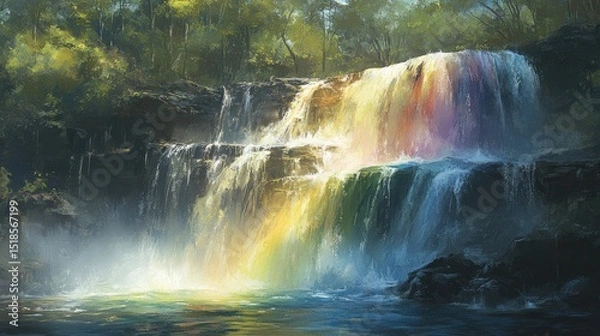 Obraz A waterfall cascades down rocky cliffs, displaying vibrant colors.