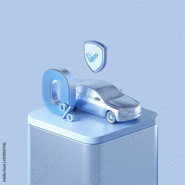 Obraz Zero percent and car with safety shield. 3d render fintech concept. 