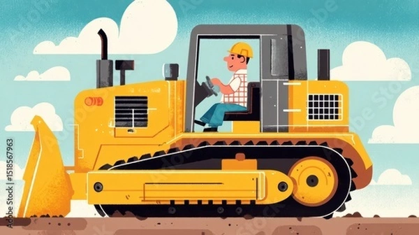 Obraz Colorful illustration of a construction vehicle operator.
