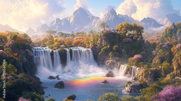 Obraz Serene waterfall cascading down rocky slopes in a vibrant landscape.