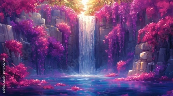 Obraz Lush waterfall cascading through a vibrant floral landscape.