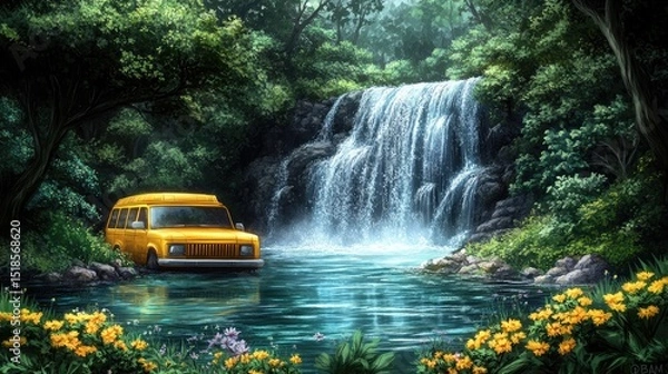 Obraz Yellow vehicle near a tranquil waterfall in a lush forest.