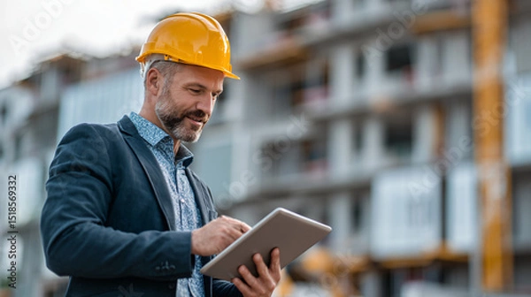 Obraz businessman at construction site engineer with tablet and helmet. architecture blueprint worker man contractor adult engineering industry