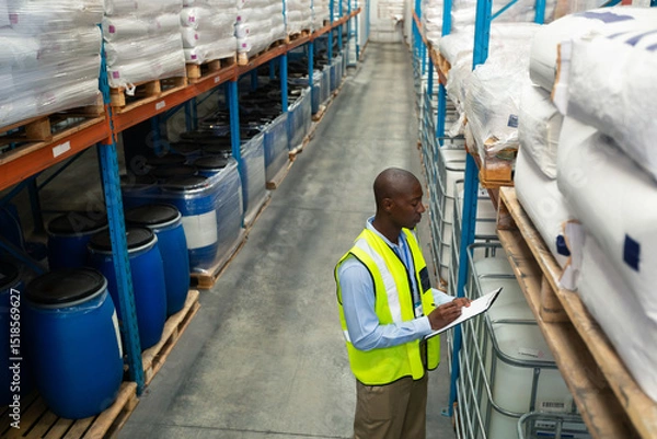 Fototapeta Warehouse worker inspecting pallets stacked with white sacks and blue barrels in warehouse aisle