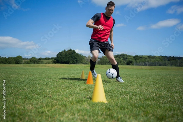 Obraz Male athlete dribbling soccer ball around training cones on grass field wearing red bib and cleats