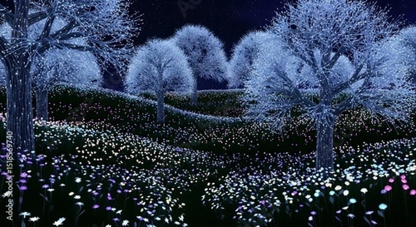 Obraz Enchanted Night Forest with Glowing Trees and Pastel Flowers
