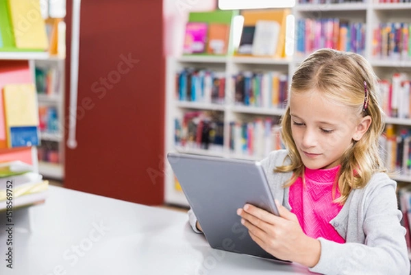 Fototapeta Girl reading tablet at white study table in library reading area, colorful books background