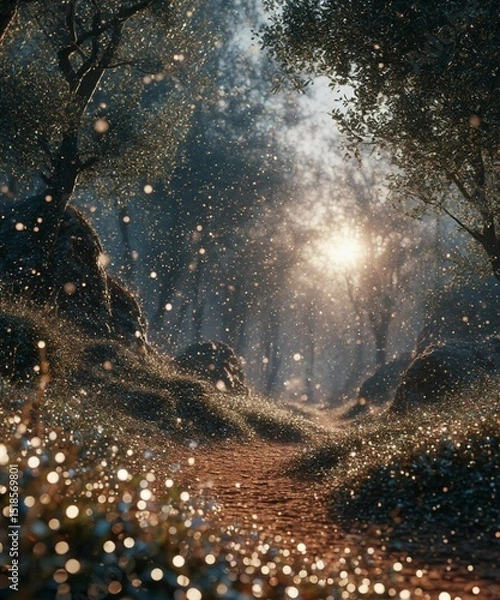 Fototapeta The brilliant sun is shining beautifully through the trees in a dark forest area