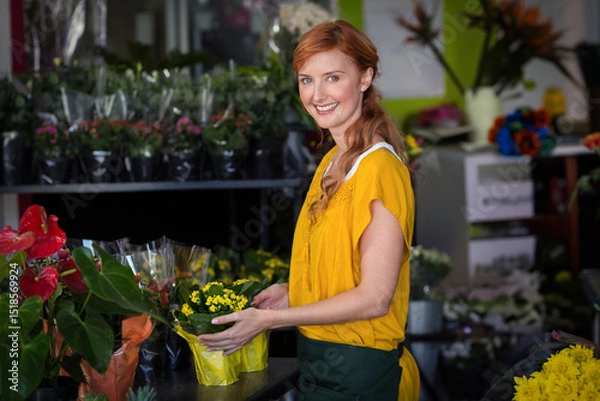 Obraz Yellow flowering plant sitting on shop counter beside anthuriums, with shelves of wrapped bouquets