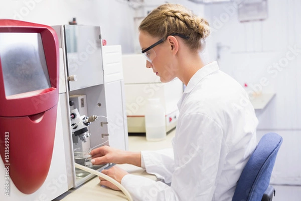 Fototapeta Analytical instrument processing samples at bright lab bench, with red housing and clear vials