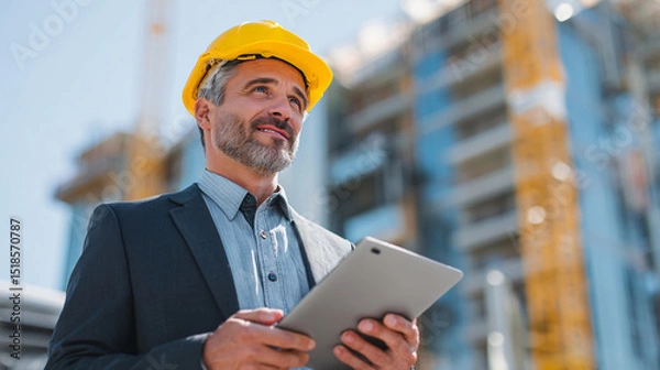 Obraz businessman at construction site engineer with tablet and helmet. architecture blueprint worker man contractor adult engineering industry