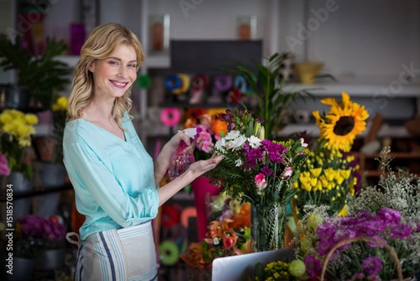 Obraz Misting colorful bouquet with spray bottle in clear glass vase on busy shop table with ribbons