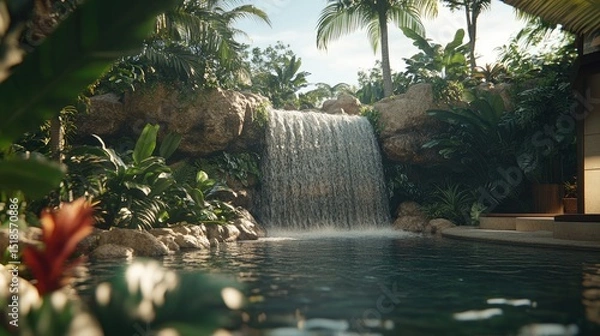 Obraz Tropical waterfall cascading into a tranquil pool.