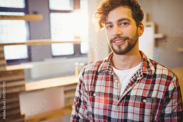 Fototapeta Sunlight streaming through tall windows onto wooden workbench and empty shelf in carpentry workshop