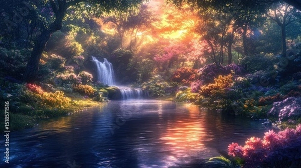 Obraz A serene waterfall cascading into a tranquil pool amidst vibrant blossoms.