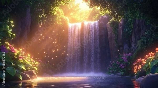 Obraz Lush waterfall cascading into a tranquil pool in a serene garden setting.