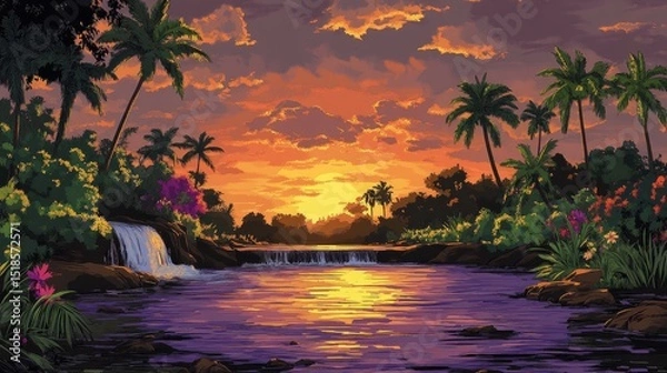 Obraz Tropical sunset over a tranquil river.