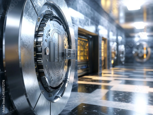 Fototapeta Cutting edge bank security vault featuring sleek metallic doors and polished floor, showcasing advanced technology and design. atmosphere conveys sense of safety and sophistication