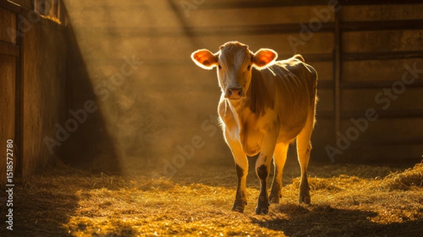 Fototapeta Dairy cow stands majestically in barn, illuminated by golden sunlight filtering through wooden beams. warm light creates serene atmosphere, highlighting cow gentle features and straw covered floor