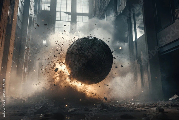 Fototapeta Dramatic scene depicting wrecking ball crashing through debris, creating cloud of dust and smoke in abandoned building. atmosphere is intense and chaotic, showcasing power of destruction