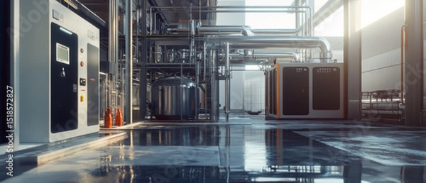 Fototapeta Detailed realistic water recycling system setup showcasing industrial machinery and piping in modern facility. environment reflects advanced technology and efficiency, emphasizing sustainability