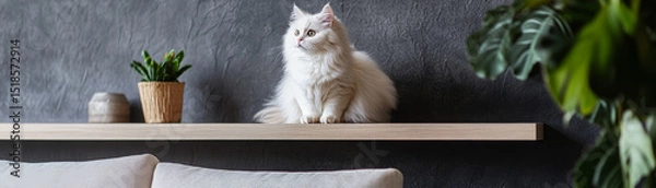 Fototapeta Fluffy white cat with playful expression sits on wooden shelf in modern living room, surrounded by plants and stylish decor. cat curious gaze adds charm to cozy atmosphere