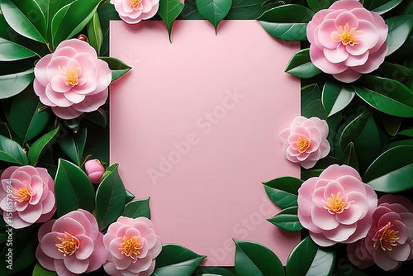 Fototapeta Blank pink paper surrounded by blooming camellias and lush greenery.