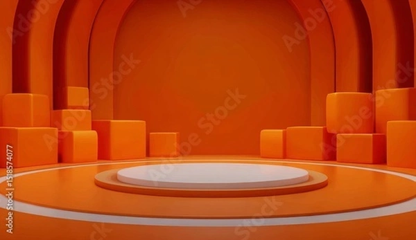 Fototapeta Empty orange cube geometric pedestal and 3D display platform stage on a product background in a studio space or blank presentation exhibition with mockup steps and advertising backdrop showcase