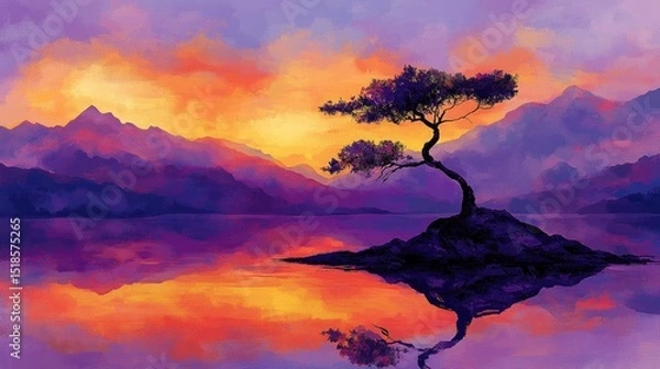 Obraz Colorful sunset over a tranquil lake with mountains and a single tree.