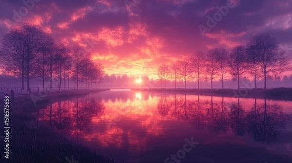 Obraz A serene, tranquil scene of a canal at sunrise, reflecting vibrant colors.