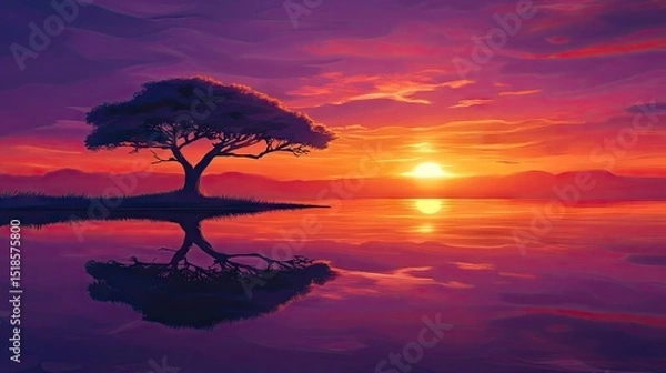 Obraz A solitary tree stands by a tranquil lake at sunset.