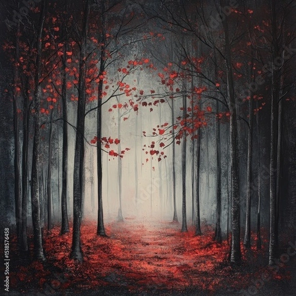 Obraz A misty forest path, carpeted in crimson leaves.