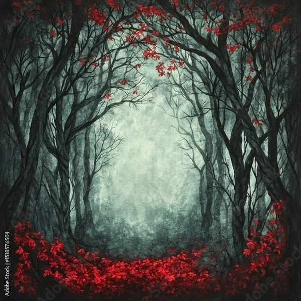 Obraz A misty forest path lined with red leaves.