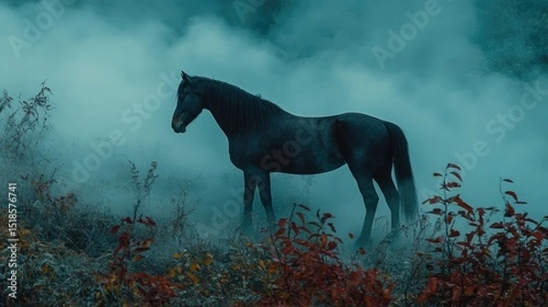 Obraz A solitary horse stands amidst a misty landscape.