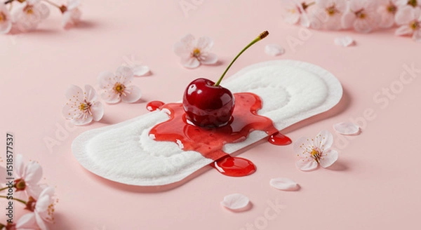 Fototapeta Creative menstrual concept with cherry and red liquid on white sanitary pad, surrounded by pink sakura flowers on pastel background