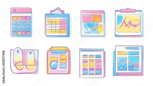 Fototapeta Linear vector isolated illustration set of visual data representation. Tax application form, online map and infographics, personal data protection, financial banking information, calendar planning. i