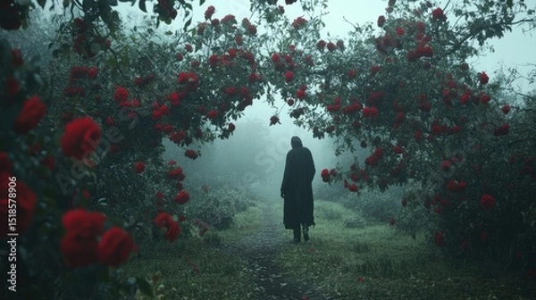 Obraz A solitary figure walks a path lined with vibrant red roses in a misty garden.