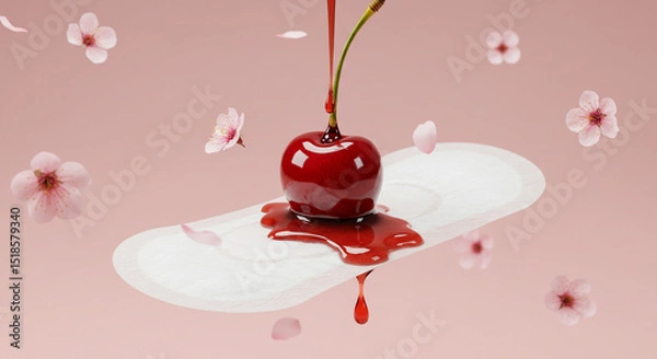 Fototapeta Artistic representation of menstrual period with cherry and blood-like juice on pad, minimal pink backdrop with cherry blossoms