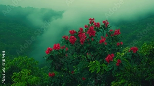 Obraz Lush foliage with vibrant blossoms in a misty mountain valley.