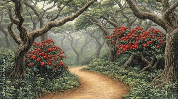 Obraz A path through a misty forest filled with vibrant flowers.