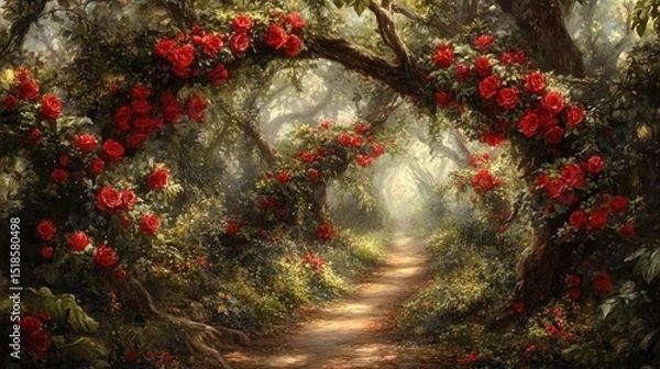 Obraz Rose-covered path in a mystical forest.