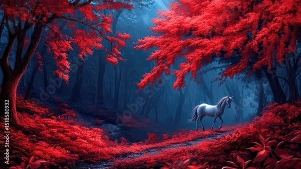 Obraz A mystical forest path with a solitary white horse.