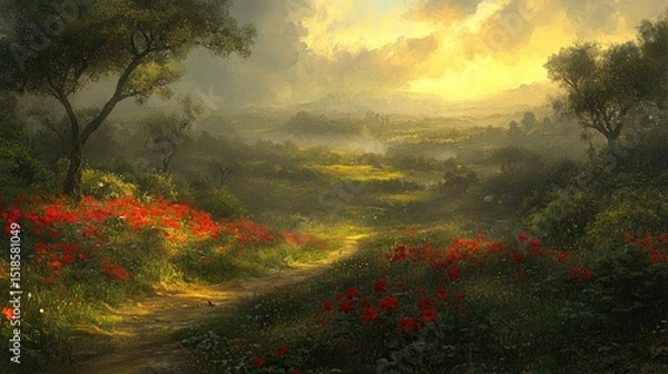Obraz Gentle sunlight illuminates a rural landscape dotted with wildflowers.