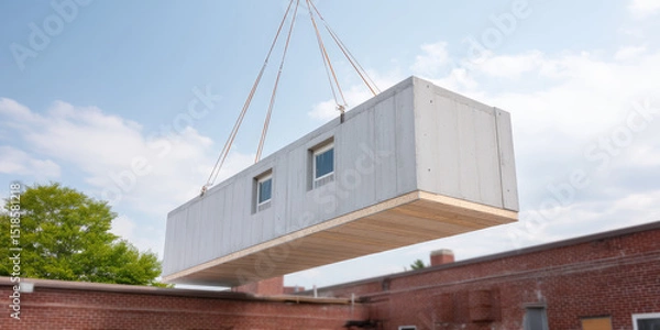 Fototapeta A large prefabricated module is being lifted by a crane above a brick building. Construction, modular, architecture