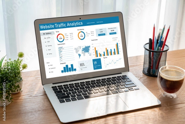 Obraz Computer software for website traffic analytics data on computer screen. Concept of SEO search engine optimization and customer targeting for online business snugly