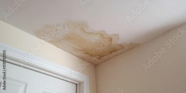 Obraz Water stain spreads across an indoor ceiling near a door. Damage, home maintenance, problem