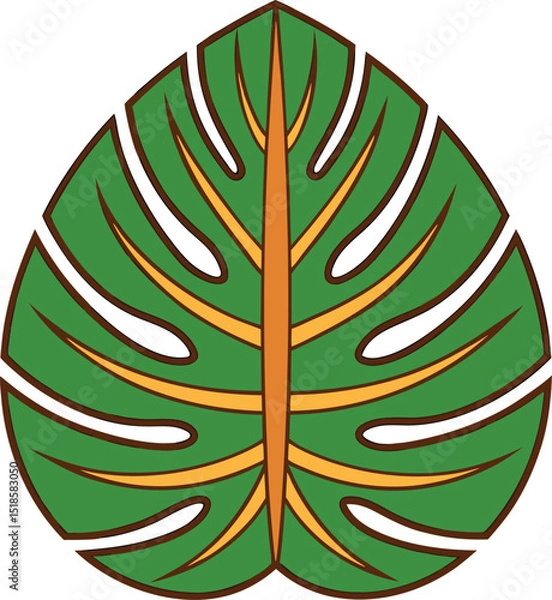 Obraz Stylized Monstera Leaf Illustration with Brown Outline and Yellow Veins on White Background Perfect for Tropical Designs and Summer Themed Projects and Creative Graphic Elements