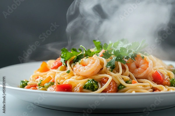Fototapeta Spaghetti with shrimps, tomato and chopped parsley. AI generative