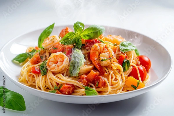 Fototapeta Spaghetti with shrimps, tomato and chopped parsley. AI generative